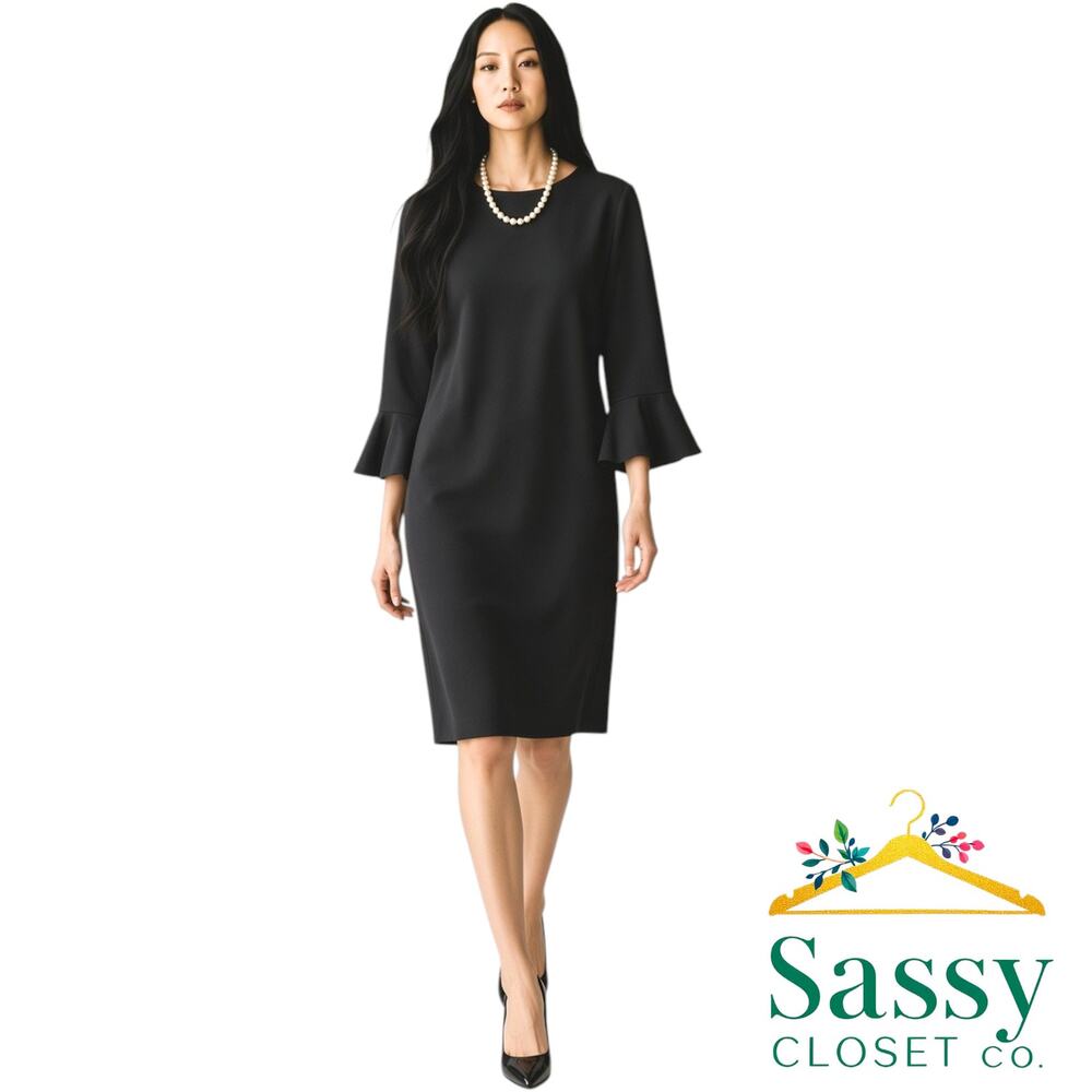 CHICOS Black Ponte Knit Bell Sleeve Sheath Dress 1 US 8 Medium LBD Work EUC